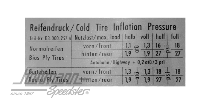 Aufkleber "Reifendruck", Käfer/Karmann