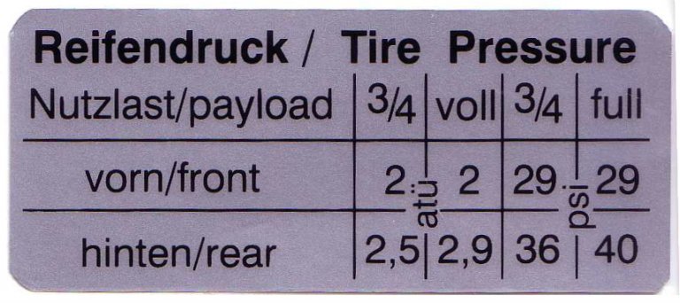 Aufkleber "Reifendruck", Bus T2